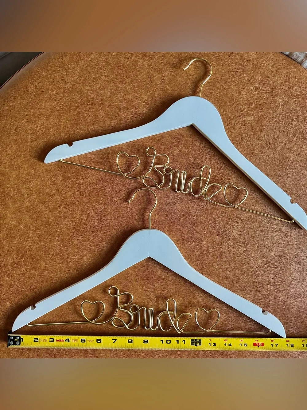 Set of 2 Bride Wedding Dress Hangers White Wood Gold Wire Hearts